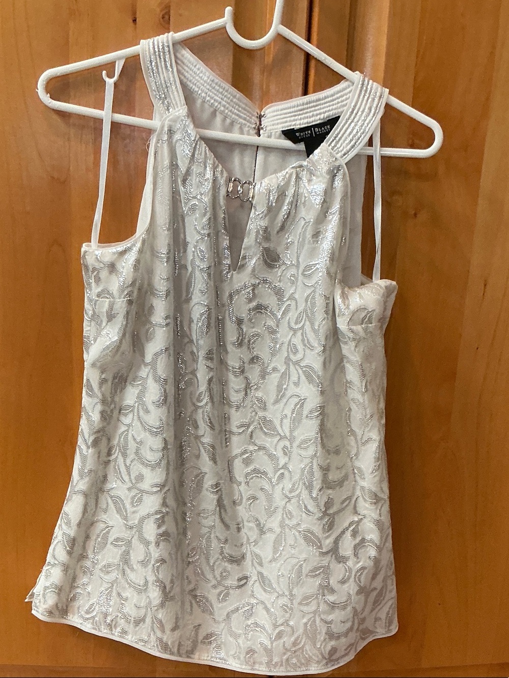 White House Black Market White Metallic-Leaf Halter Camisole
